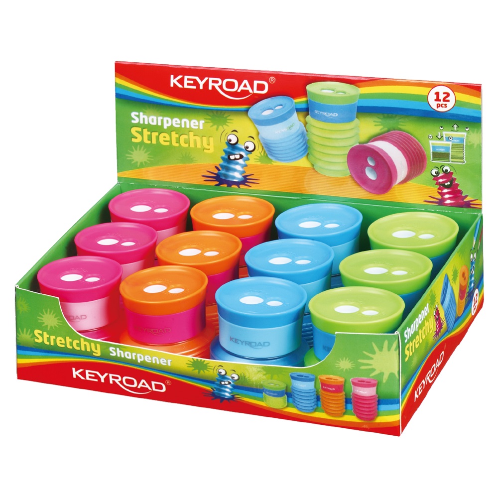 Strúhadlo 2-dierové Keyroad Stretchy s rozšíriteľným zásobníkom mix farieb 12ks