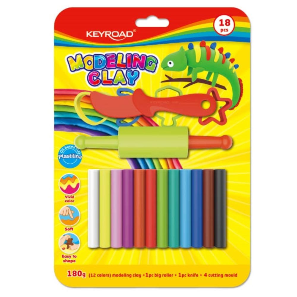 Plastelína 180g Keyroad mix 12 farieb s plastovým nožom a valčekom