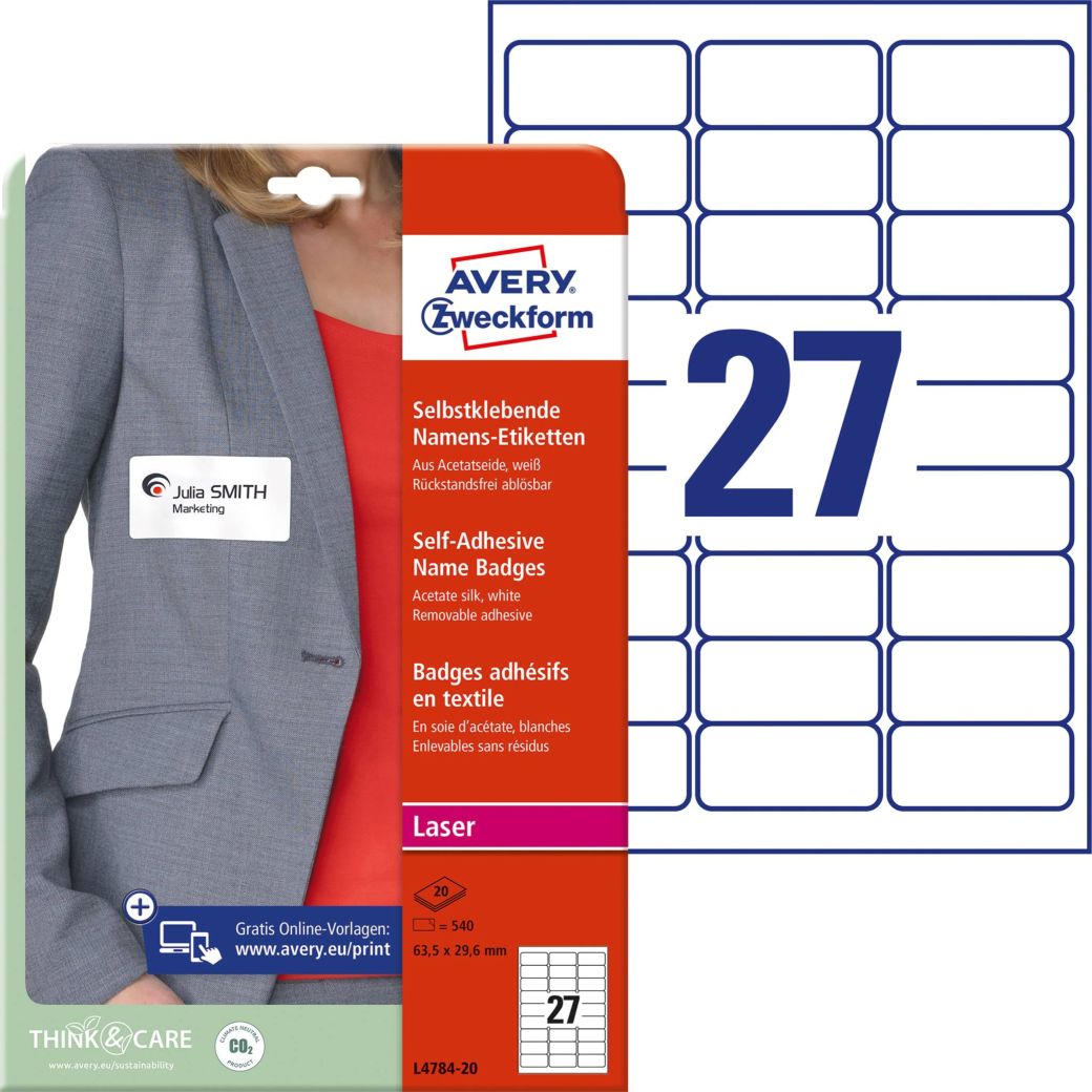 Etikety na textil 63,5x29,6mm (27/A4) 20ks, Avery biele