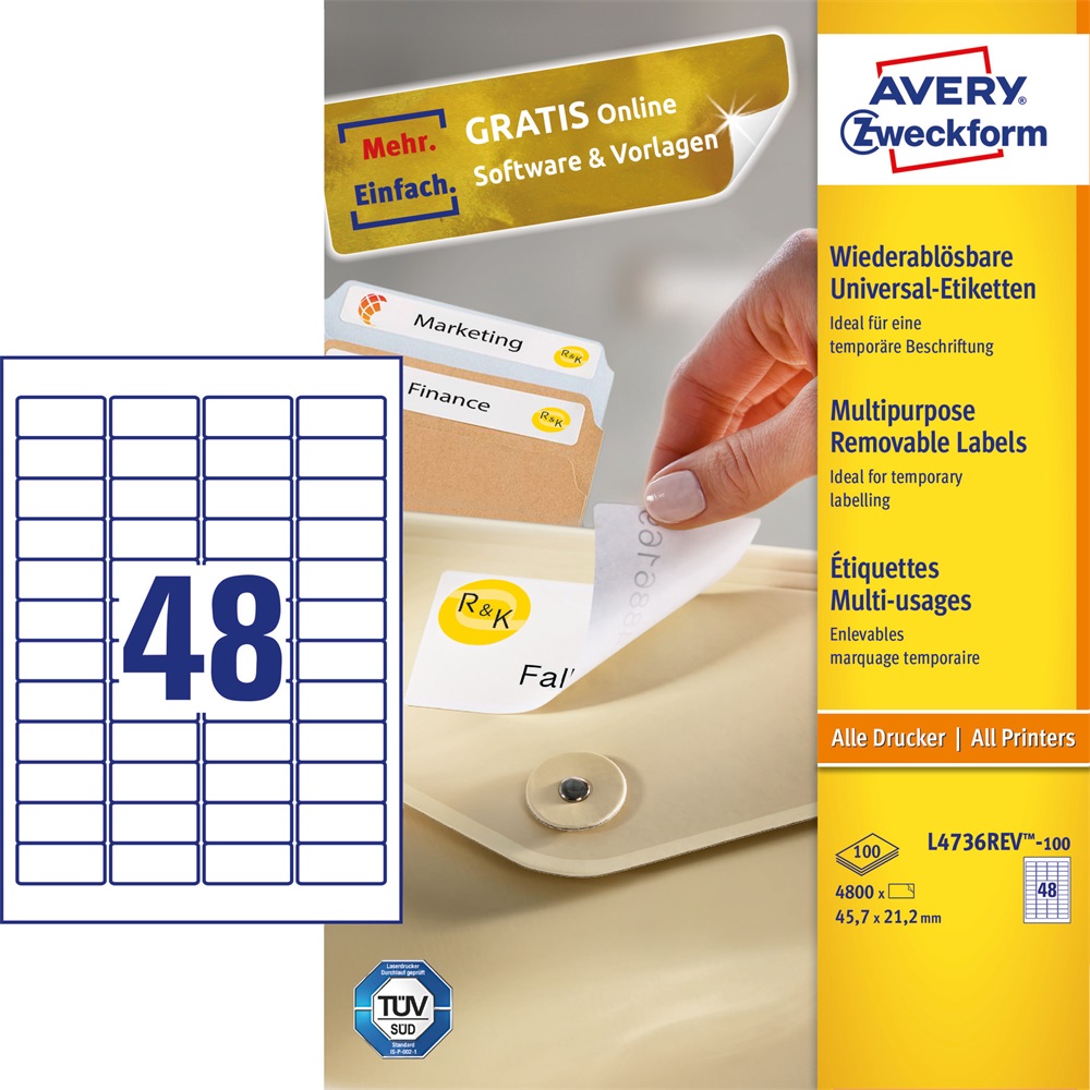 Etikety univerzálne odnímateľné papierové 45,7x21,2mm (48/A4) 100ks, Avery biele