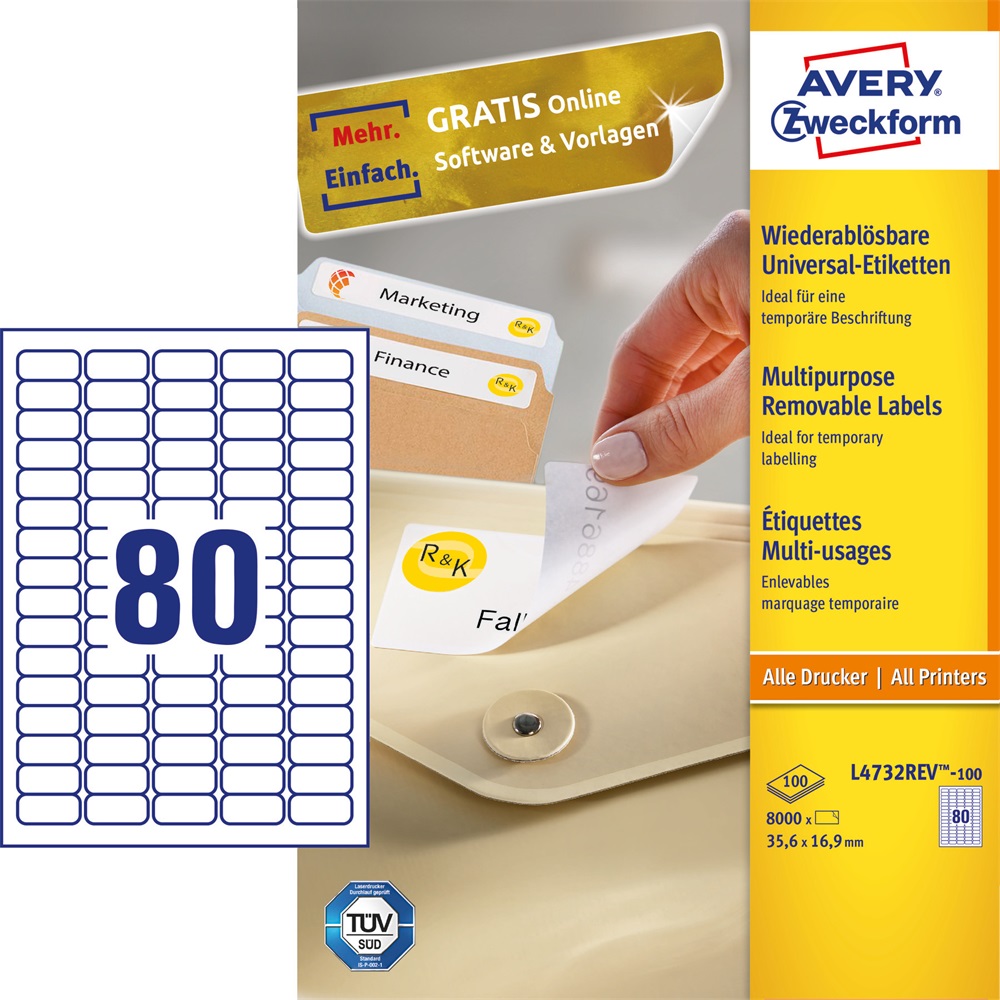 Etikety univerzálne odnímateľné papierové 35,6x16,9mm (80/A4) 100ks, Avery biele