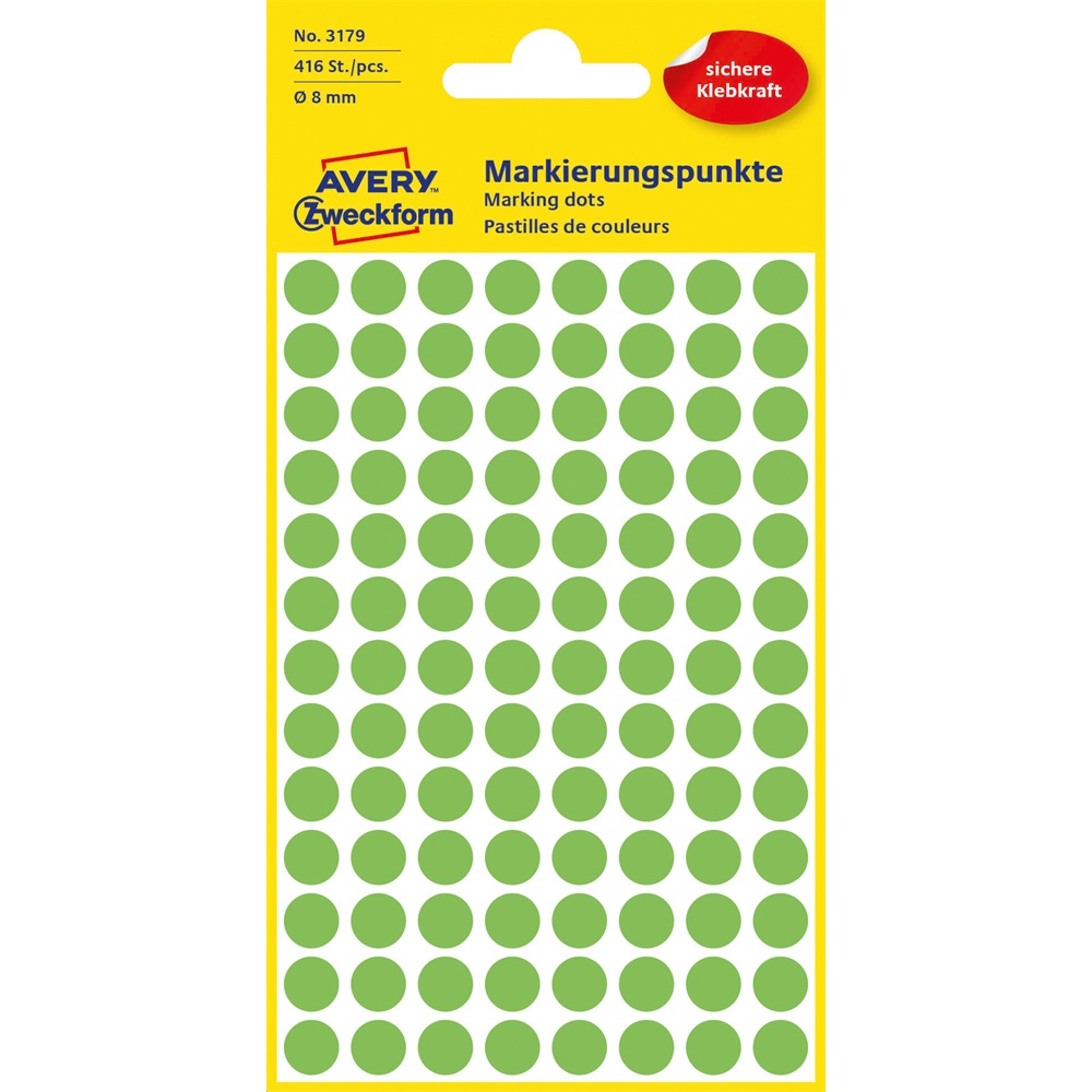 Etikety kruhové 8mm (104/hárok) 4 hárky, Avery neónové zelené