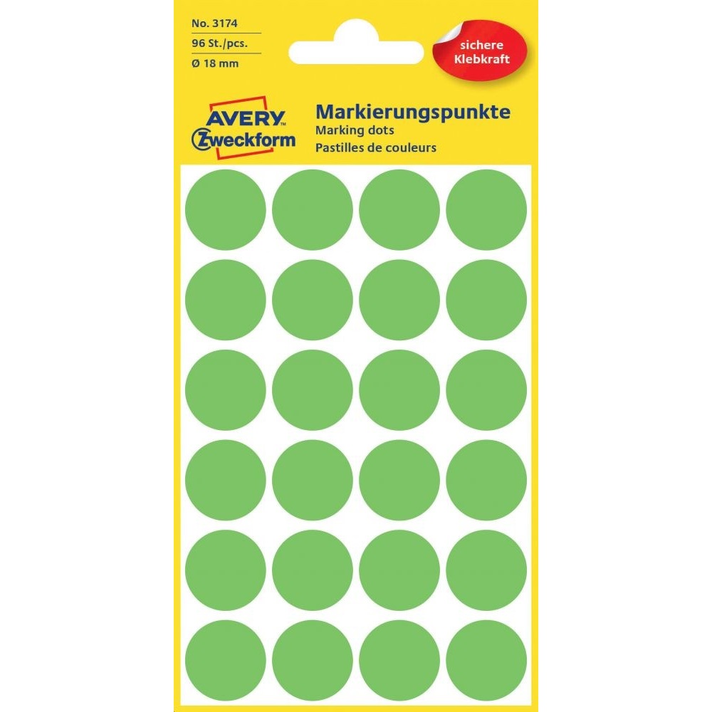 Etikety kruhové 18mm (24/hárok) 4 hárky, Avery neónové zelené